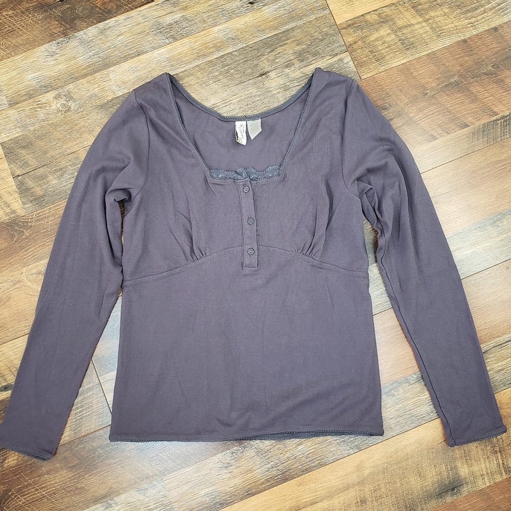 Sahalie Purple Long Sleeve Ribbed Knit Top with Lace Trim, Size Large